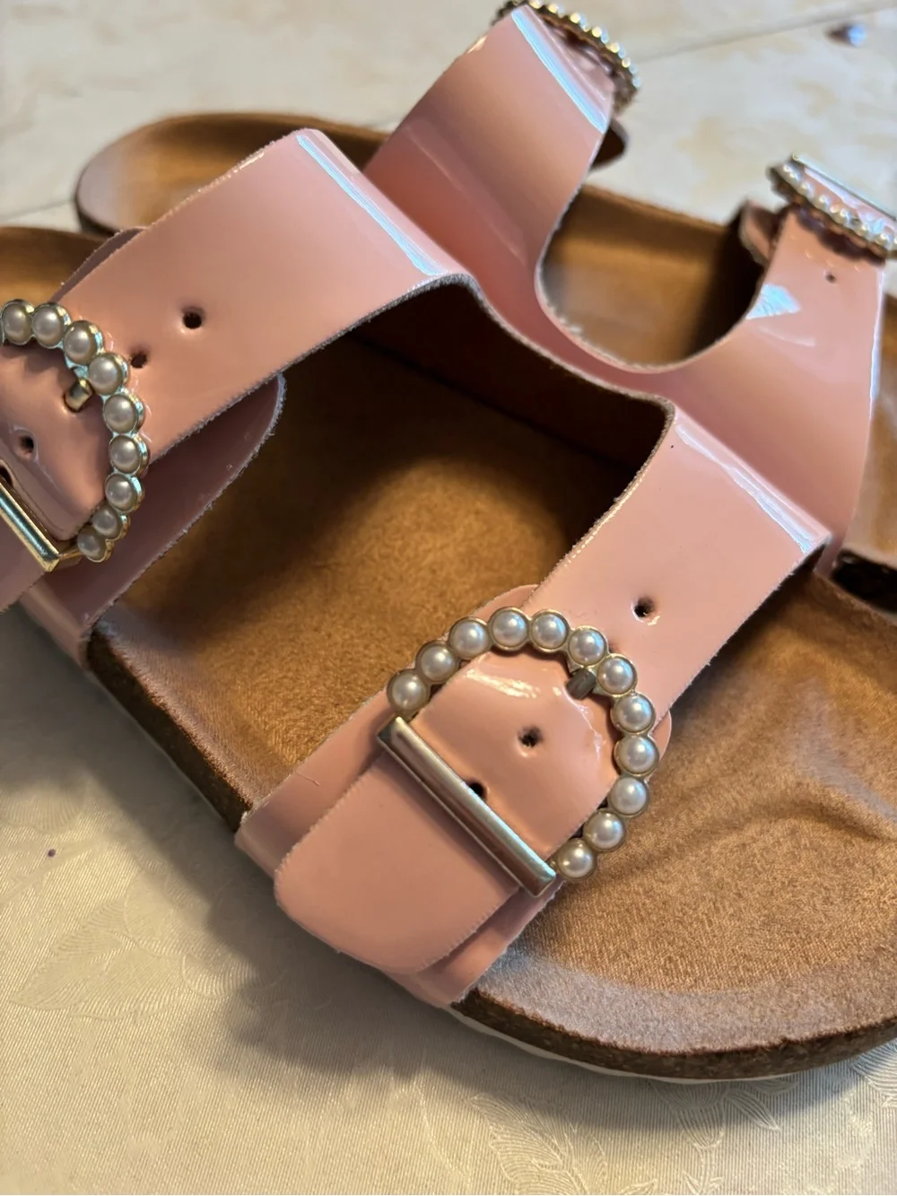 Cat & Jack Pink Patent Double-Buckle Pearl-Accent Slide Sandals size 1